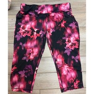 Danskin Now Dri More Womens Fitted Black Pink Purple Floral Capri Leggings~LARGE